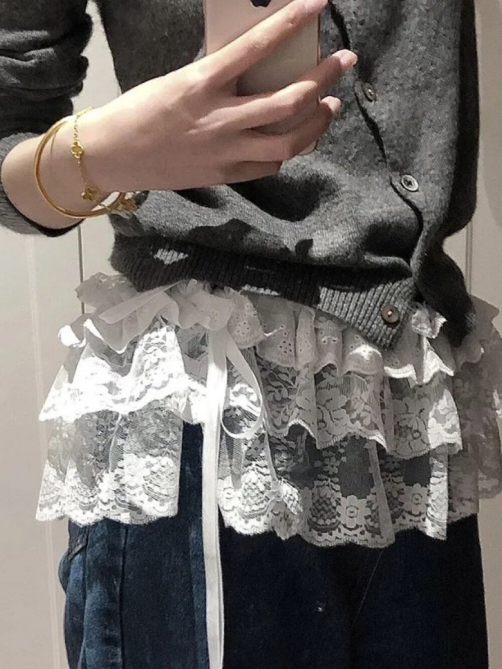 Y2K Lolita White Lace Ruffle Layered Mini Skirt – Belted Wrap One Size